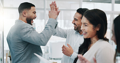 Businessman, high five and applause in schedule planning, teamwork or motivation together at office. Business people in celebration, meeting or team building for collaboration or ideas at workplace