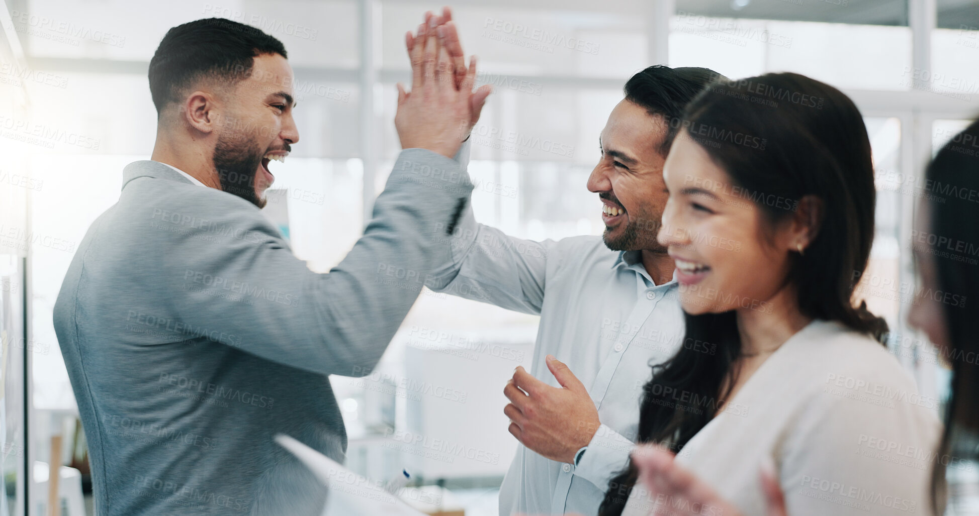 Buy stock photo Businessman, high five and applause in schedule planning, teamwork or motivation together at office. Business people in celebration, meeting or team building for collaboration or ideas at workplace