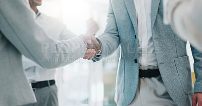 Business people, handshake and applause in meeting, promotion or thank you in teamwork at office. Group of employees shaking hands and clapping in team hiring, recruiting or greeting at workplace