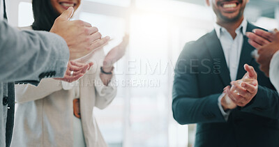 Business people, handshake and applause in meeting, thank you or promotion in teamwork at office. Group of employees shaking hands and clapping in team hiring, recruiting or greeting at workplace