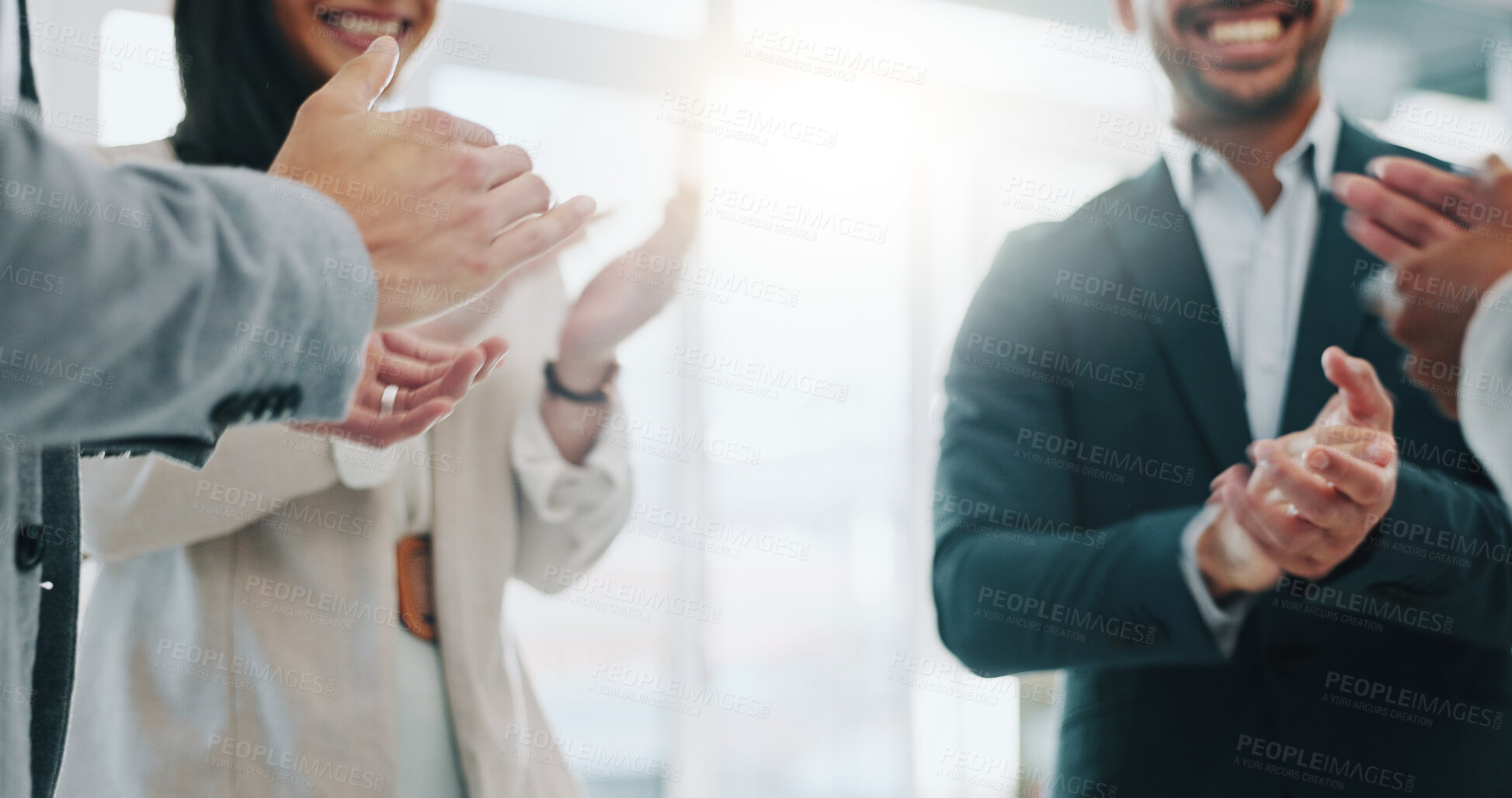 Buy stock photo Business people, handshake and applause in meeting, thank you or promotion in teamwork at office. Group of employees shaking hands and clapping in team hiring, recruiting or greeting at workplace