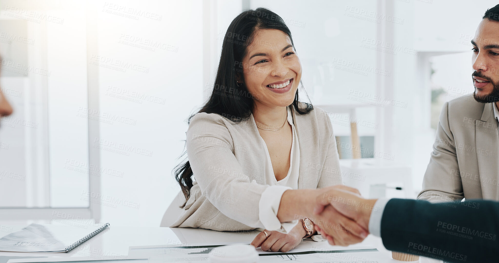 Buy stock photo Business people, handshake and meeting in partnership, deal agreement or b2b in teamwork at office. Group of employees shaking hands in hiring, introduction or thank you in recruiting at workplace