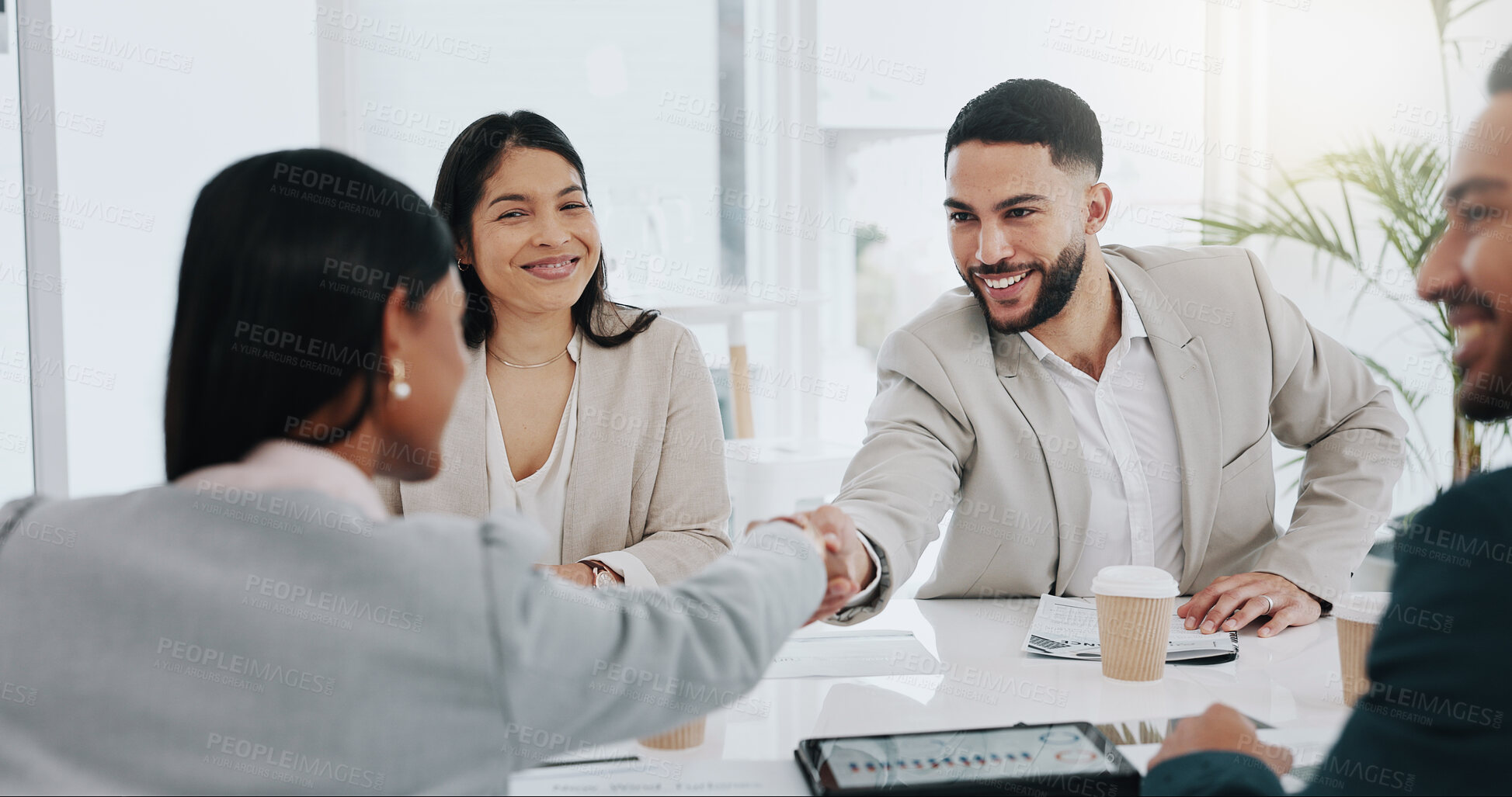 Buy stock photo Happy businessman, handshake and meeting in b2b, deal agreement or promotion in team conference at office. Business people shaking hands in greeting, introduction or partnership together at workplace