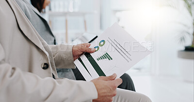 Hands, document and data for a meeting or report on company growth, economy or financial wealth. Closeup, paperwork and a person with stats, finance review or reading information about business
