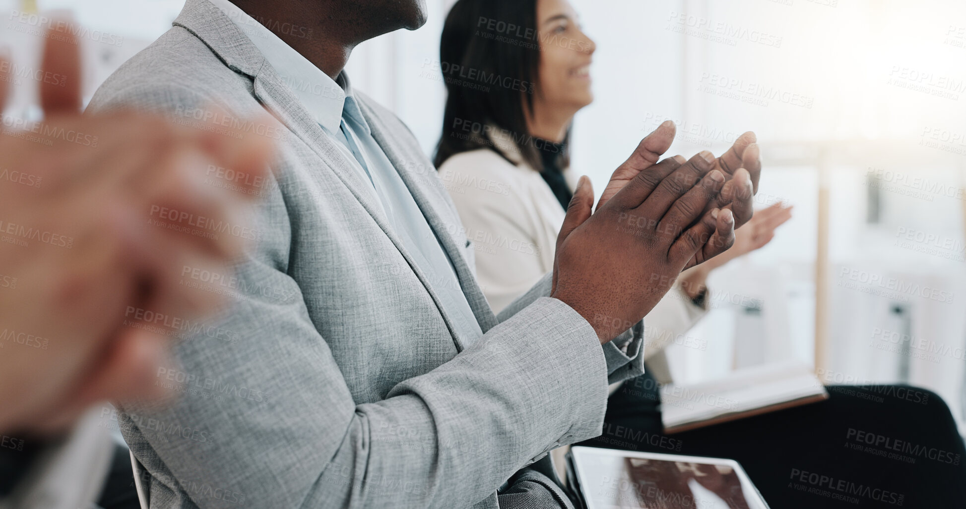 Buy stock photo Business people, hands and applause in meeting presentation, conference or team workshop at office. Group clapping in thank you for staff training, celebration or teamwork together at workplace