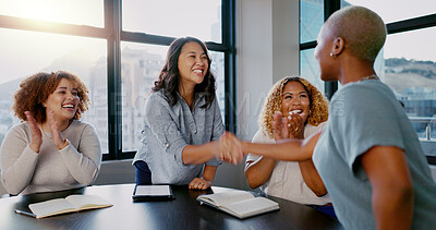 Buy stock photo B2B partnership, applause or business people handshake for welcome, collaboration or company teamwork, success and innovation. Happy, trust or women shaking hands for deal, thank you or job promotion