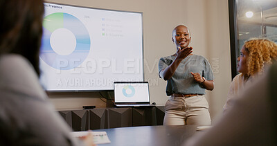 Buy stock photo Business, black woman and infographic presentation on screen of data analysis, kpi review and workshop. Female manager, meeting and analytics of strategy, target and feedback chart in team conference