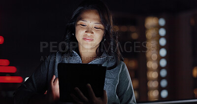 Buy stock photo Tablet, night balcony or woman typing review of social network feedback, customer experience info or ecommerce. Brand monitoring data, website research or Asian media worker analysis of online survey