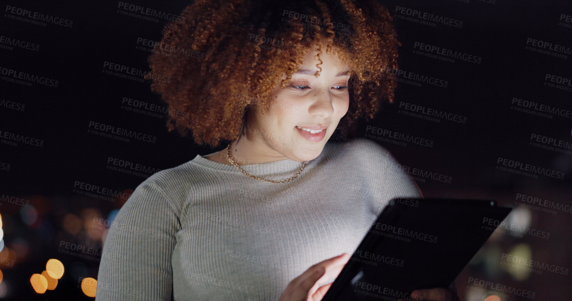 Buy stock photo Tablet, city balcony and laughing woman reading funny social network feedback, customer experience or website. Brand monitoring data, night review or African media worker doing online survey analysis