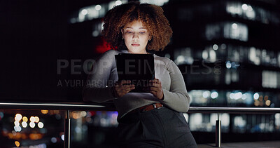 Buy stock photo Tablet, night balcony and relax woman reading positive social network feedback, customer experience or ecommerce. Brand monitoring data, review or African media worker doing analysis of online survey
