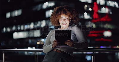 Tablet, night balcony and relax woman reading positive social network feedback, customer experience or ecommerce. Brand monitoring data, review or African media worker doing analysis of online survey