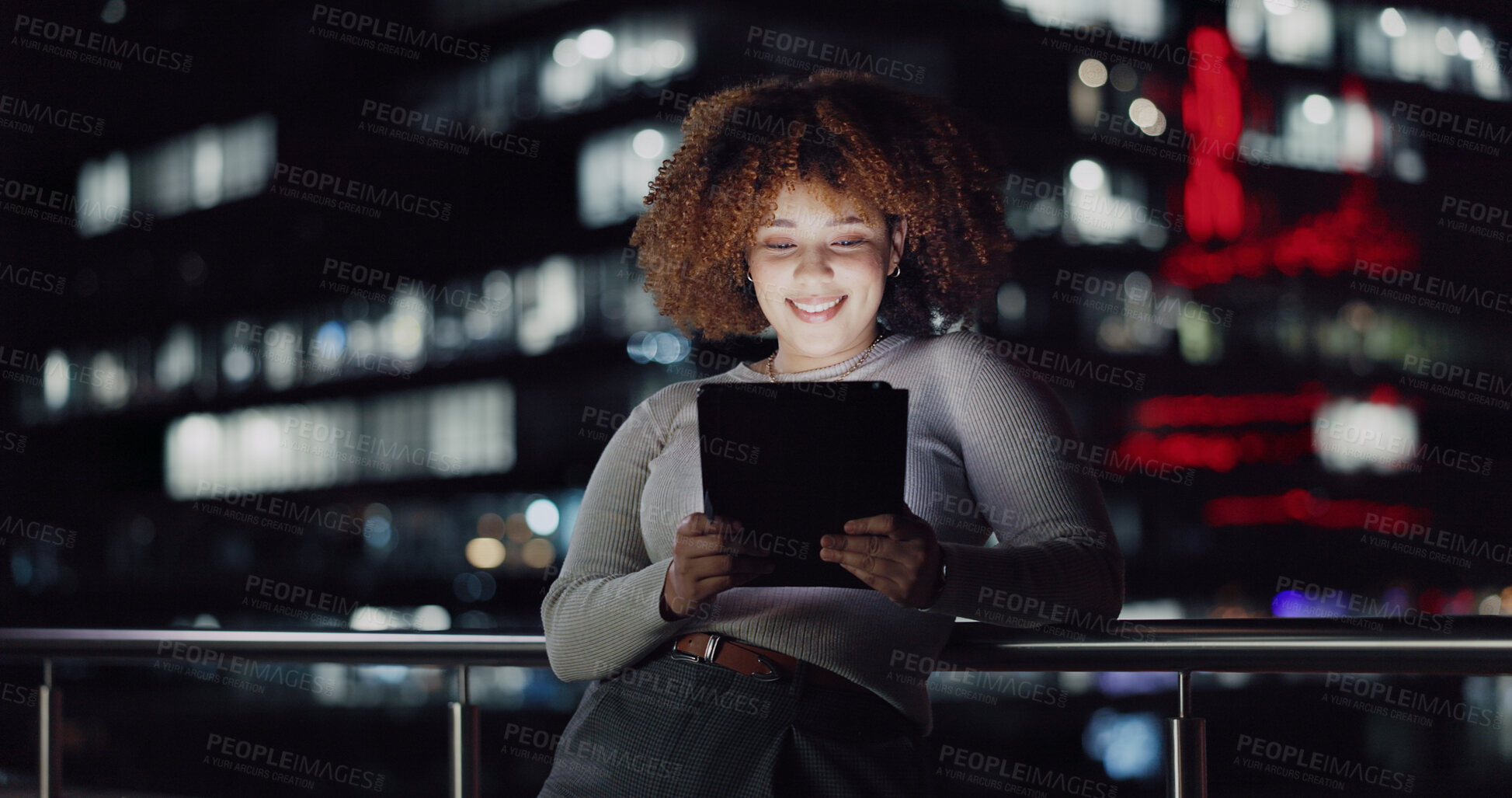 Buy stock photo Tablet, night balcony and relax woman reading positive social network feedback, customer experience or ecommerce. Brand monitoring data, review or African media worker doing analysis of online survey