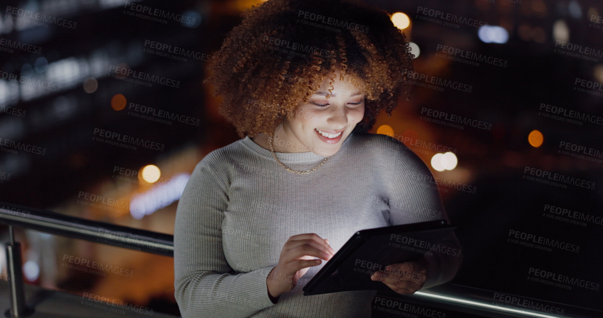 Buy stock photo Tablet, city balcony and laughing woman reading funny social network feedback, customer experience or website. Brand monitoring data, night review or African media worker doing online survey analysis