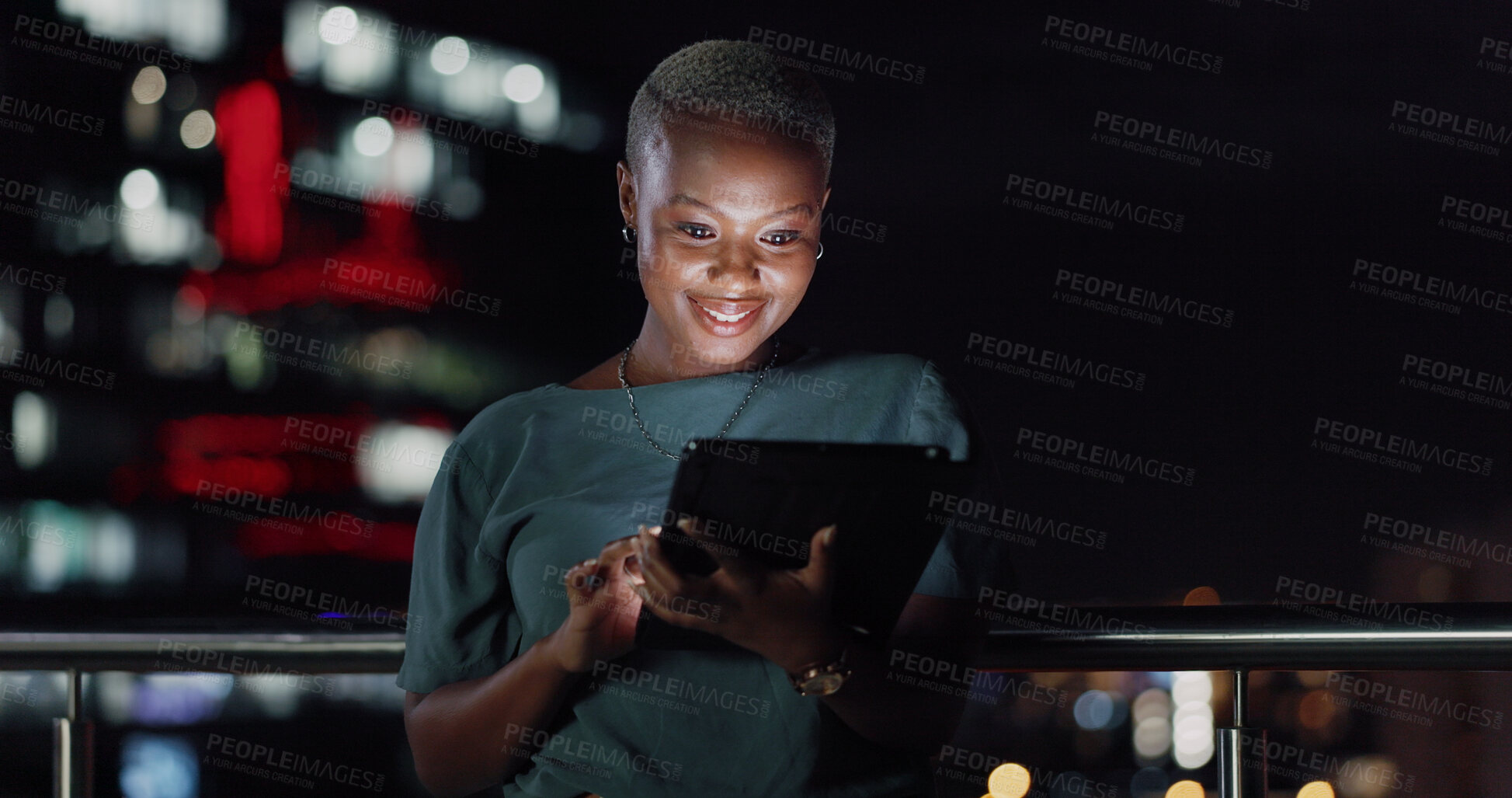 Buy stock photo Tablet, night balcony or laughing woman reading funny social network feedback, customer experience or ecommerce. Brand monitoring data, website info or African media worker doing online survey review
