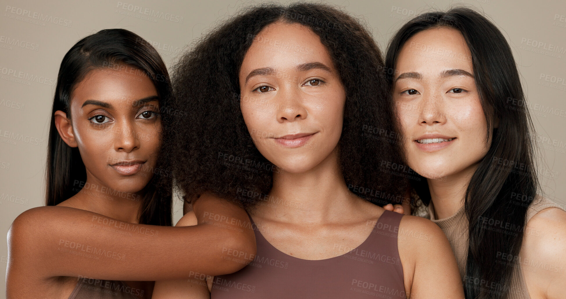 Buy stock photo Women, face and beauty, diversity and dermatology with wellness, antiaging and friends isolated on brown background. Unique skin, natural cosmetics and inclusion with skincare and portrait in studio