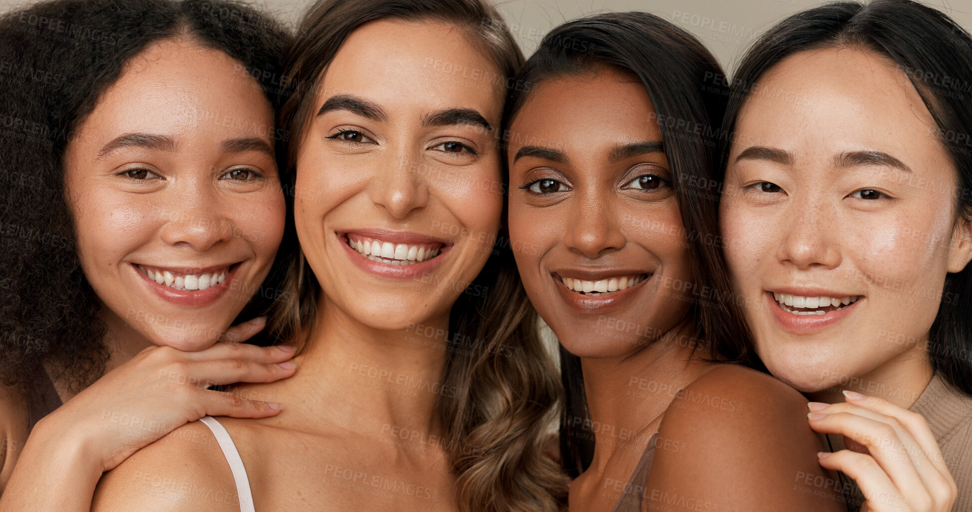 Buy stock photo Natural beauty, skincare and diversity with women, dermatology and face isolated on studio background. Wellness, unique healthy skin and inclusion with cosmetic care, makeup shine and portrait