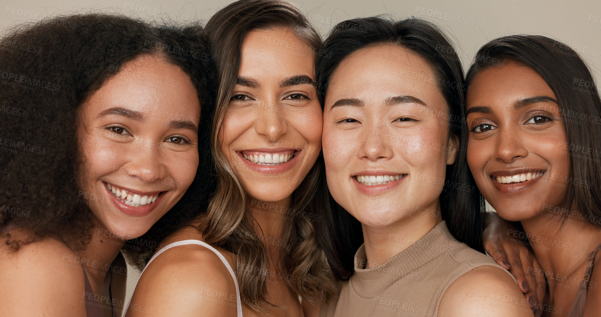 Buy stock photo Skincare group, face or women smile for anti aging cosmetics, beauty glow and spa wellness support. Equality, cosmetology closeup or diversity portrait of unique friends together on studio background