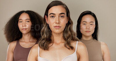 Diversity, beauty and women, portrait and skincare with wellness, dermatology and glow on studio background. Different skin, unique and inclusion with model group in a studio, cosmetics and face