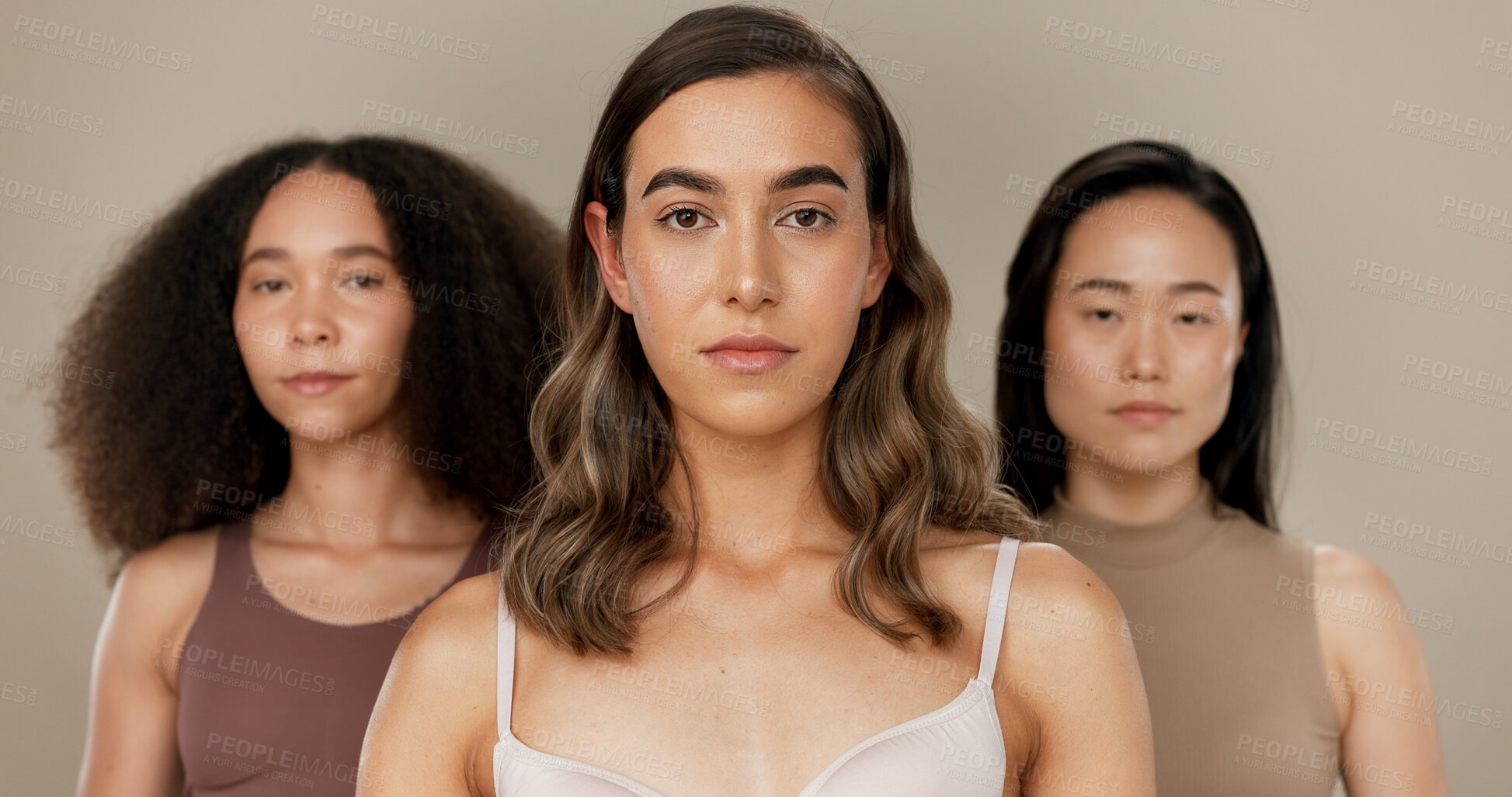 Buy stock photo Diversity, beauty and women, portrait and skincare with wellness, dermatology and glow on studio background. Different skin, unique and inclusion with model group in a studio, cosmetics and face