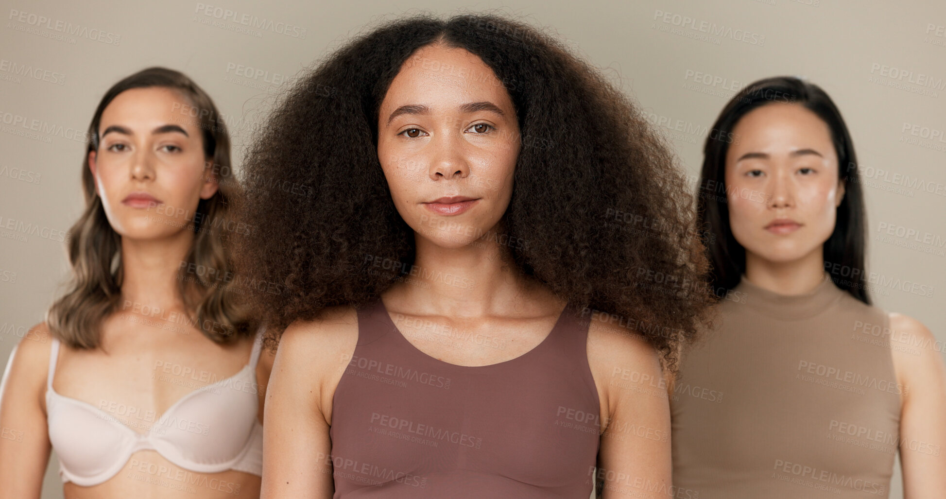 Buy stock photo Women, portrait and beauty, diversity and skincare with serious, dermatology and friends isolated on brown background. Unique skin, natural cosmetics glow and inclusion in underwear in studio