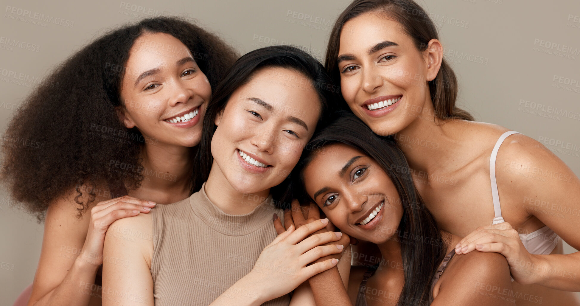 Buy stock photo Women, portrait and beauty, diversity and happy with wellness, dermatology and friends isolated on brown background. Unique skin, natural cosmetics and inclusion with skincare for antiaging in studio