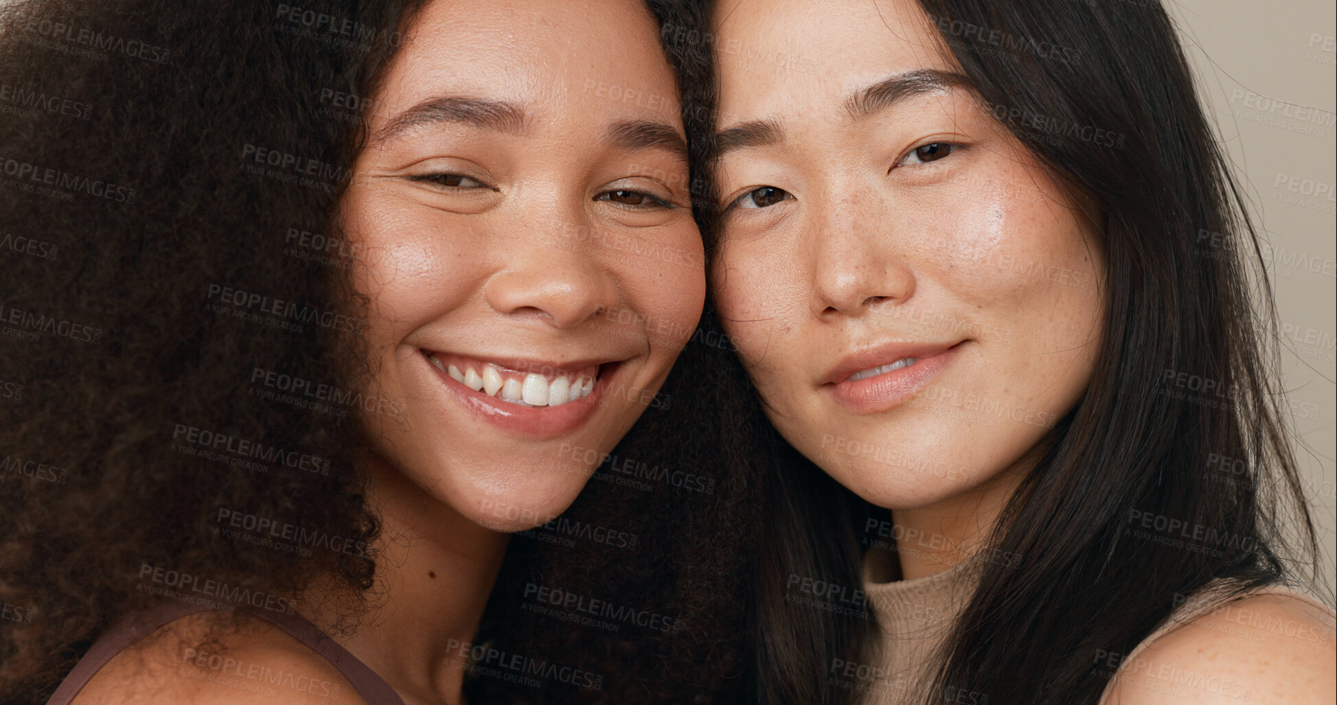 Buy stock photo Beauty, skin and portrait of women friends in studio for diversity, inclusion and wellness. Face of happy people on neutral background for different facial care, dermatology glow or natural cosmetics