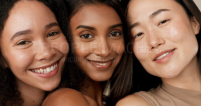 Skincare group, face or women smile for anti aging cosmetics, beauty glow and spa wellness support. Equality, cosmetology closeup or diversity portrait of unique friends together on studio background