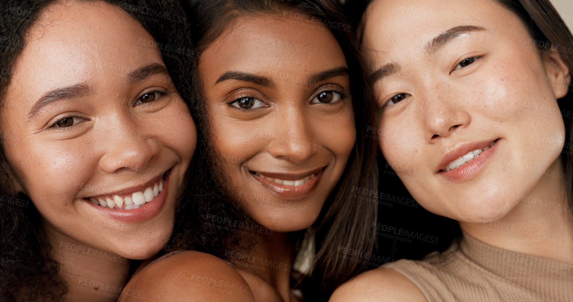 Buy stock photo Skincare group, face or women smile for anti aging cosmetics, beauty glow and spa wellness support. Equality, cosmetology closeup or diversity portrait of unique friends together on studio background