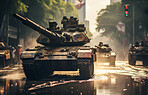 Shot of battle tanks riding through city street.