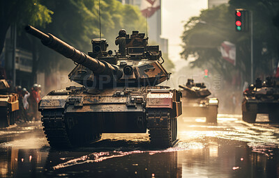 Shot of battle tanks riding through city street.