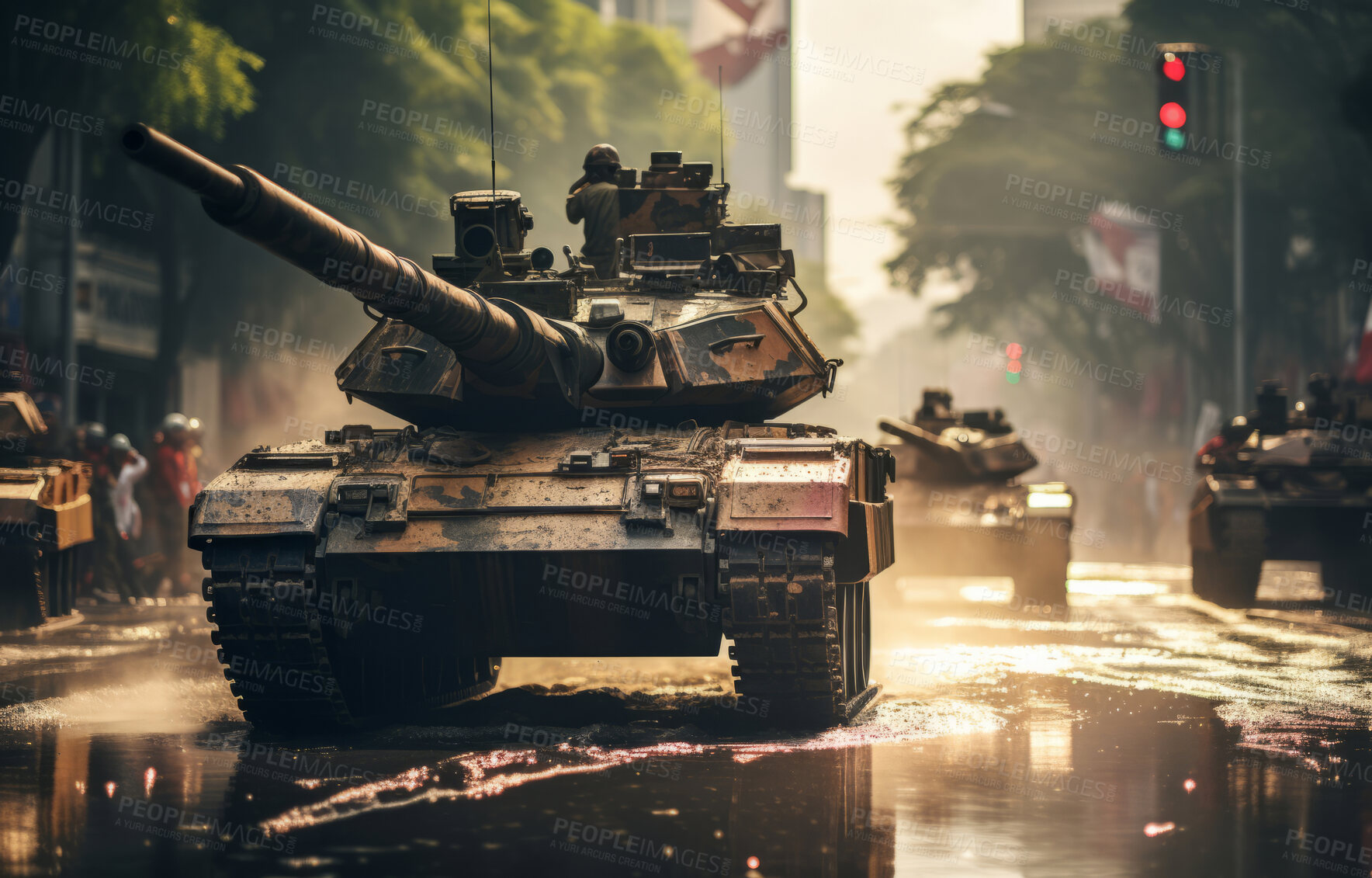 Buy stock photo Shot of battle tanks riding through city street.