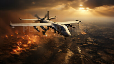 Predator drone flying over battle zone. Flames in background. Dark smoke in air.