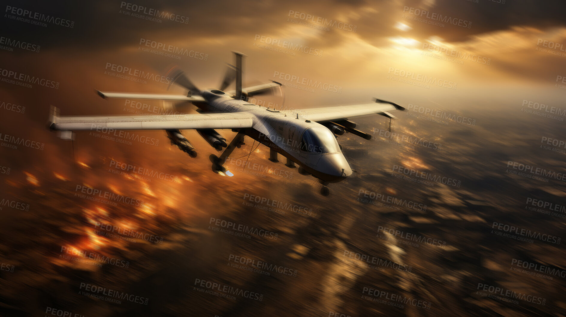 Buy stock photo Predator drone flying over battle zone. Flames in background. Dark smoke in air.