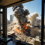 Large explosion viewed from apartment building window.