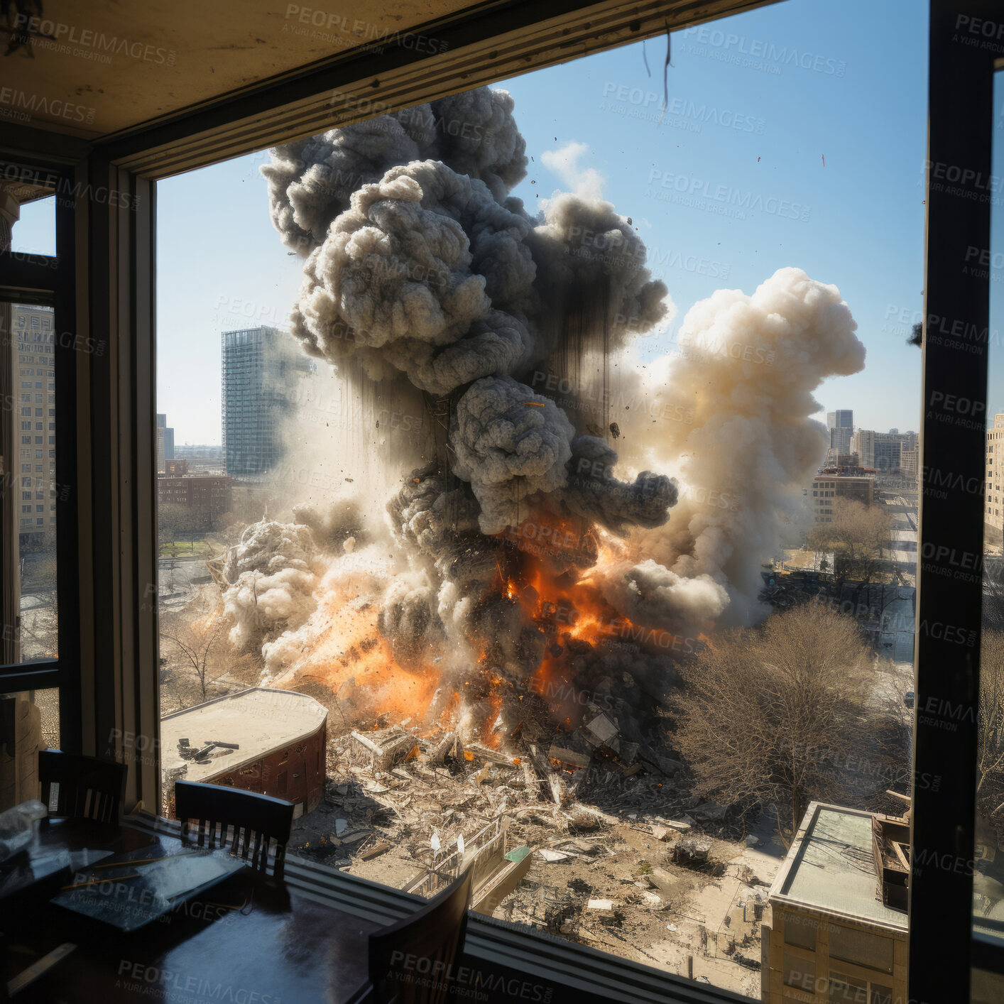 Buy stock photo Large explosion viewed from apartment building window.