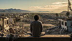 Portrait of man looking over destroyed town. Back to camera.