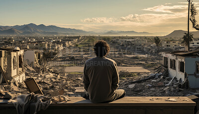 Portrait of man looking over destroyed town. Back to camera.