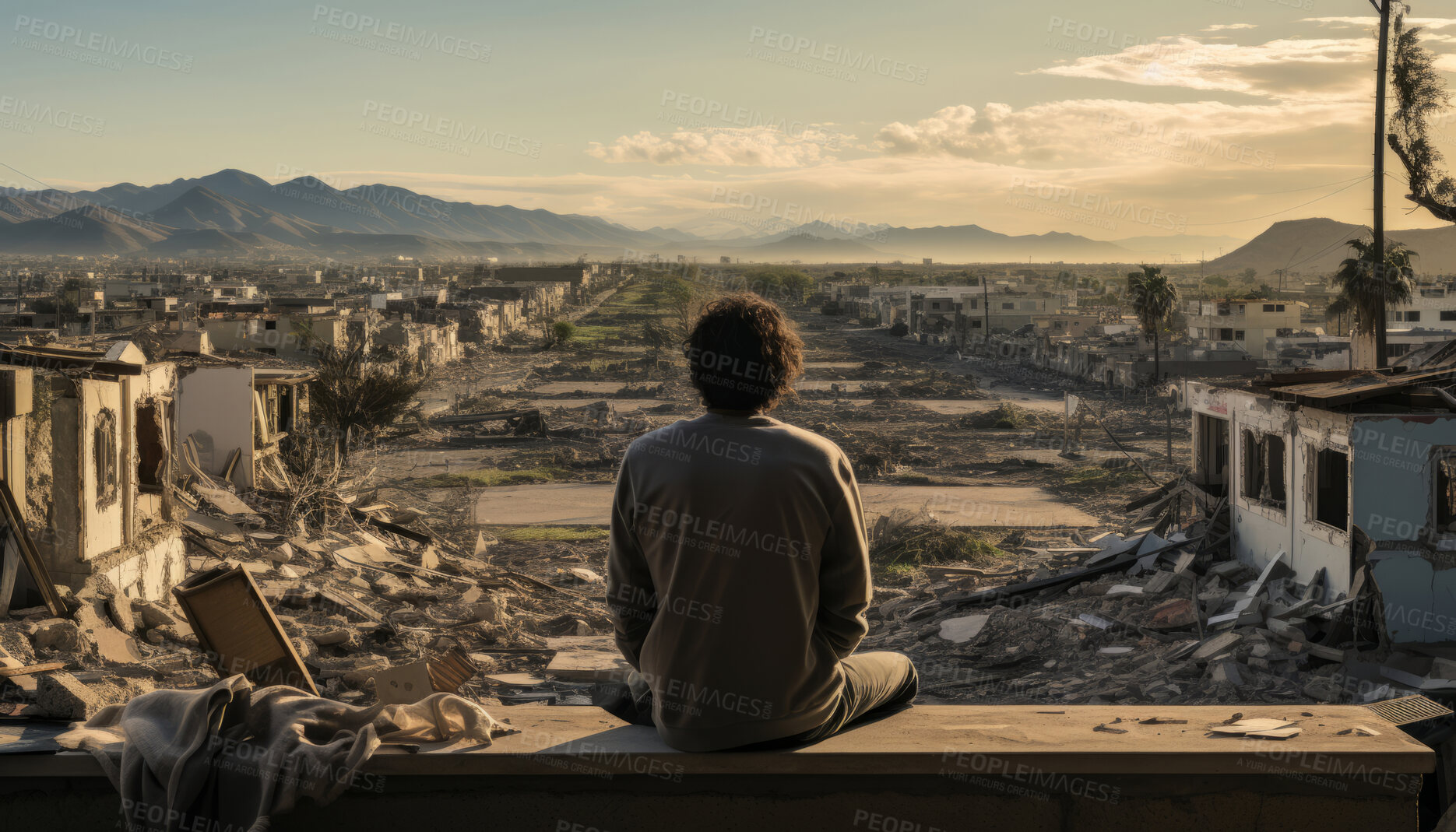 Buy stock photo Portrait of man looking over destroyed town. Back to camera.