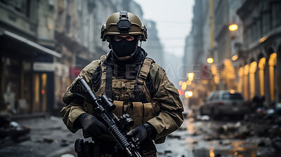 Armored soldier walking in middle of war torn city. Face covered.