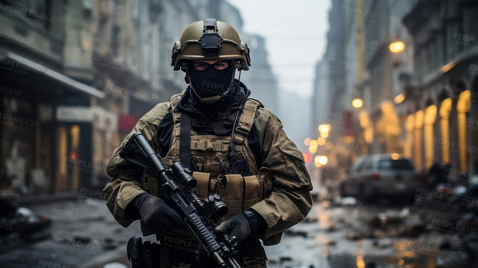 Buy stock photo Armored soldier walking in middle of war torn city. Face covered.