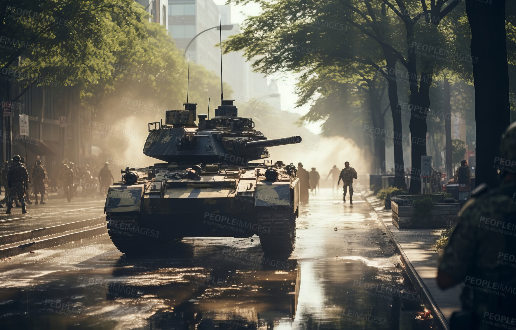 Buy stock photo Shot of battle tanks riding through city street.