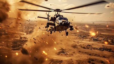 Buy stock photo Helicopter flying away from explosion over town. War, destruction. Battlefield.