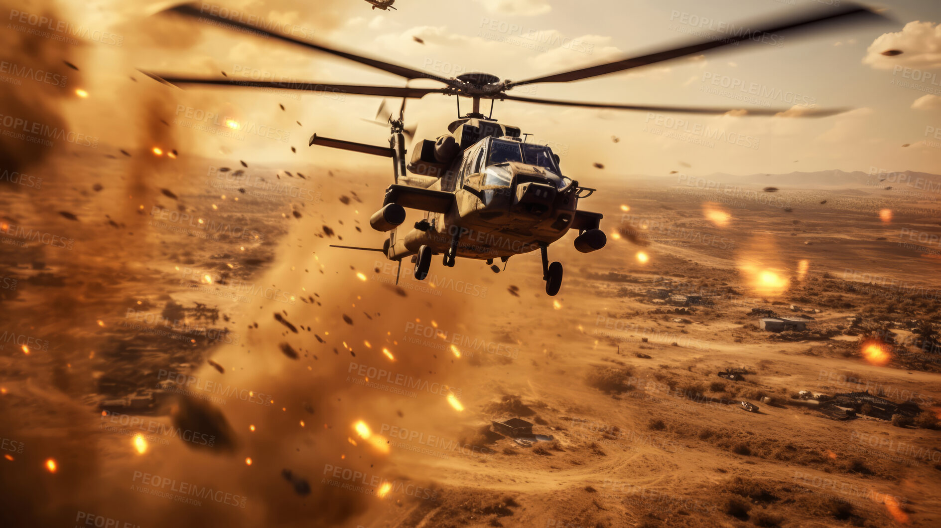 Buy stock photo Helicopter flying away from explosion over town. War, destruction. Battlefield.