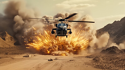 Helicopter flying away from explosion over town. War, destruction. Battlefield.