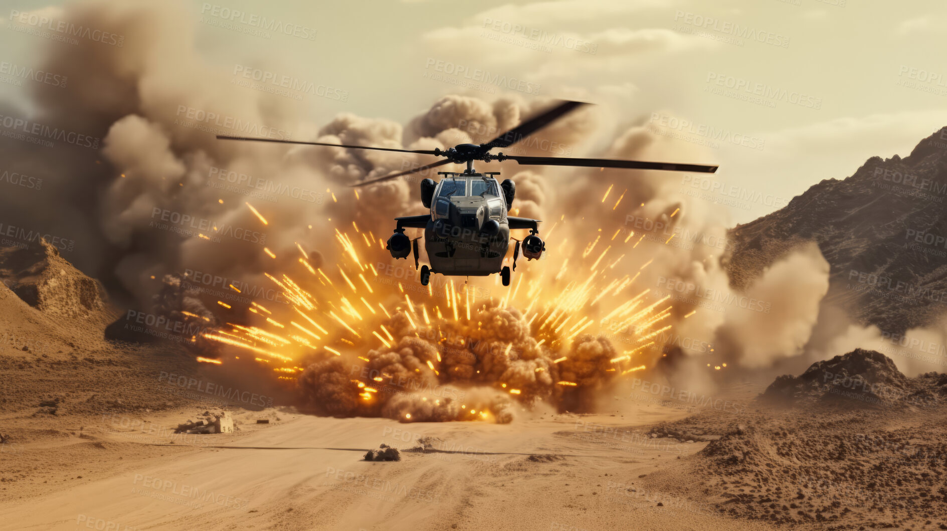 Buy stock photo Helicopter flying away from explosion over town. War, destruction. Battlefield.