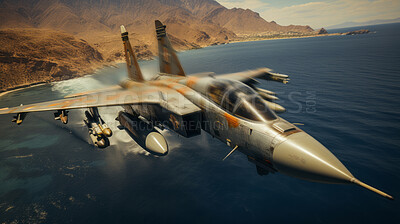 Aerial shot of fighter jet speeding over ocean. Warfare concept.
