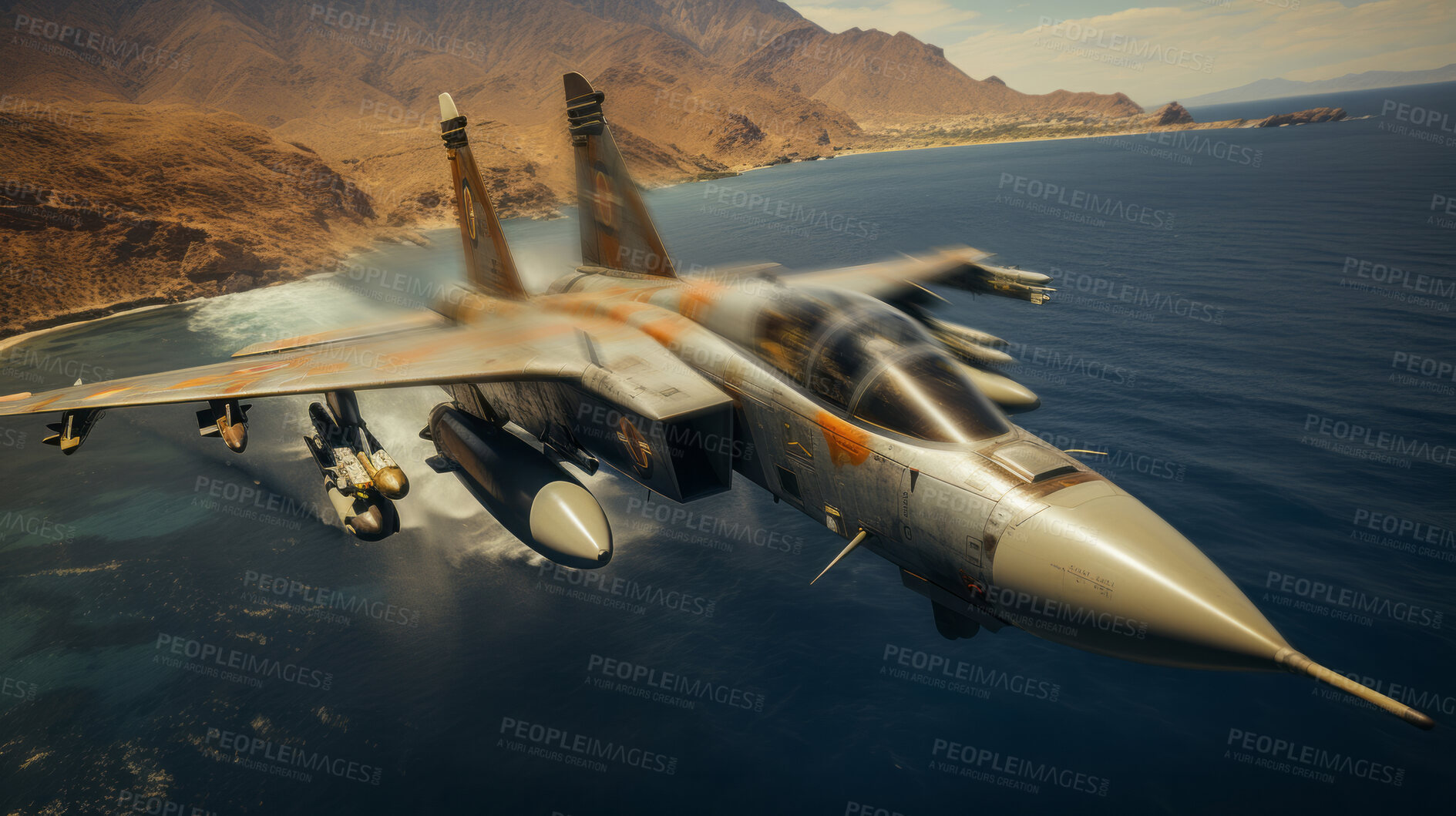 Buy stock photo Aerial shot of fighter jet speeding over ocean. Warfare concept.