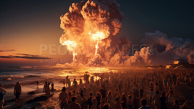 Buy stock photo Large crowd looking at big nuclear explosion at night.