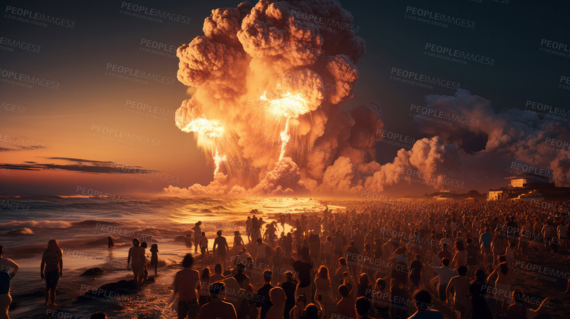 Buy stock photo Large crowd looking at big nuclear explosion at night.