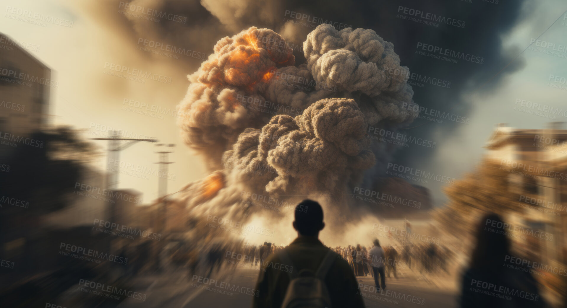 Buy stock photo Silhouette figure standing in middle of street looking at explosion and destruction.